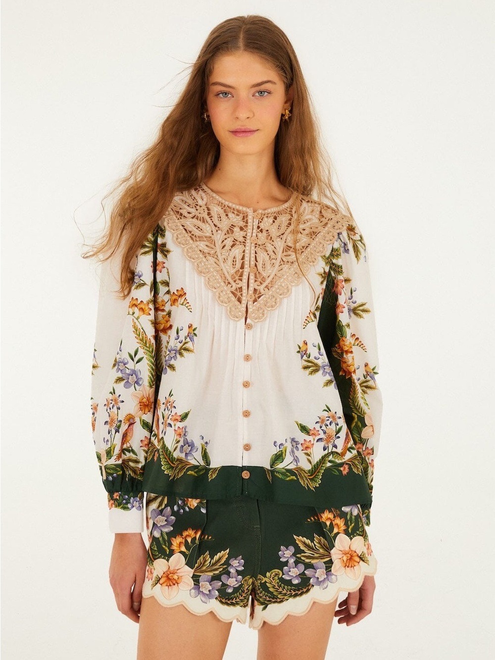 Farm Rio Sand Nature Lace Long Sleeve Blouse